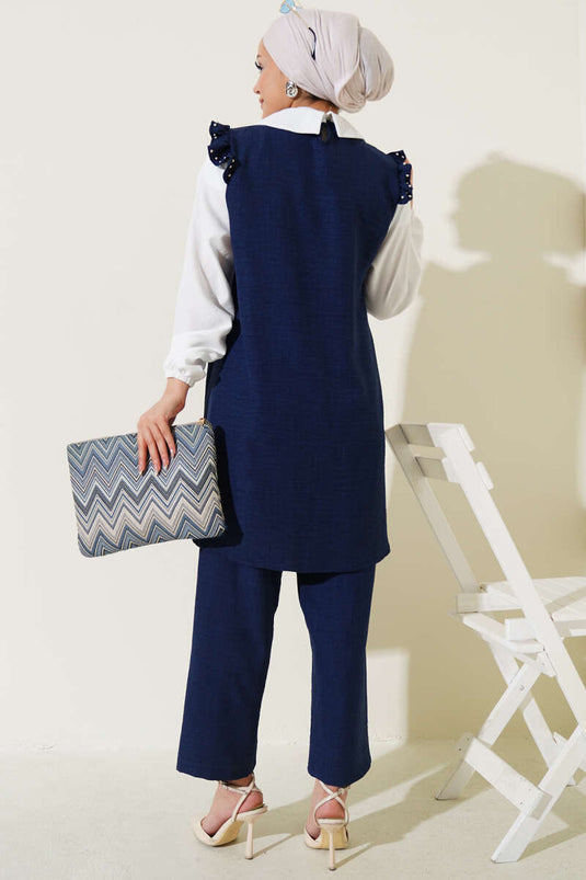 Stone Collar Shirt Garnished Two Piece Suit Navy Blue