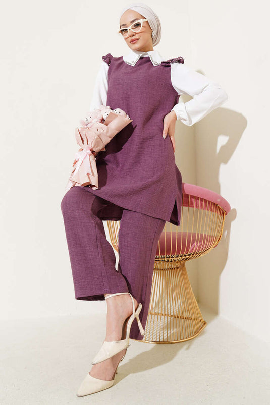 Collar Stoned Shirt Garnished Two Piece Suit Magenta