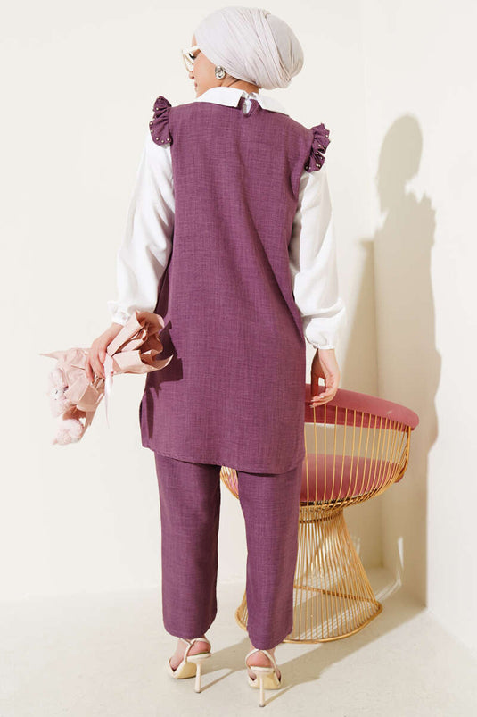 Collar Stoned Shirt Garnished Two Piece Suit Magenta