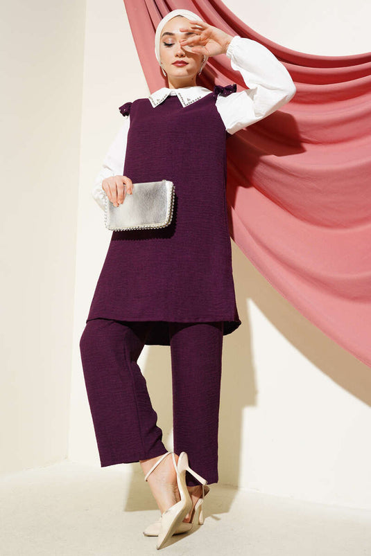 Yaka Taşlı Gömlek Garnili İkili Takım Mürdüm