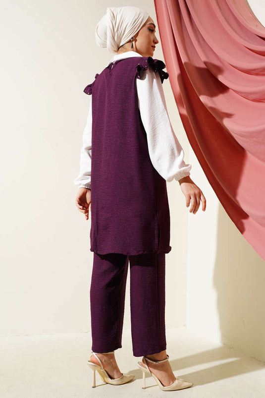 Yaka Taşlı Gömlek Garnili İkili Takım Mürdüm