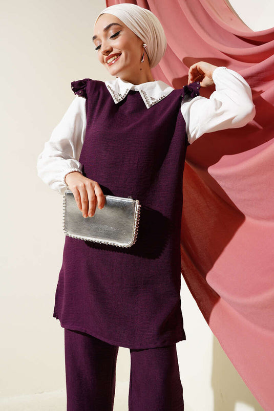 Yaka Taşlı Gömlek Garnili İkili Takım Mürdüm