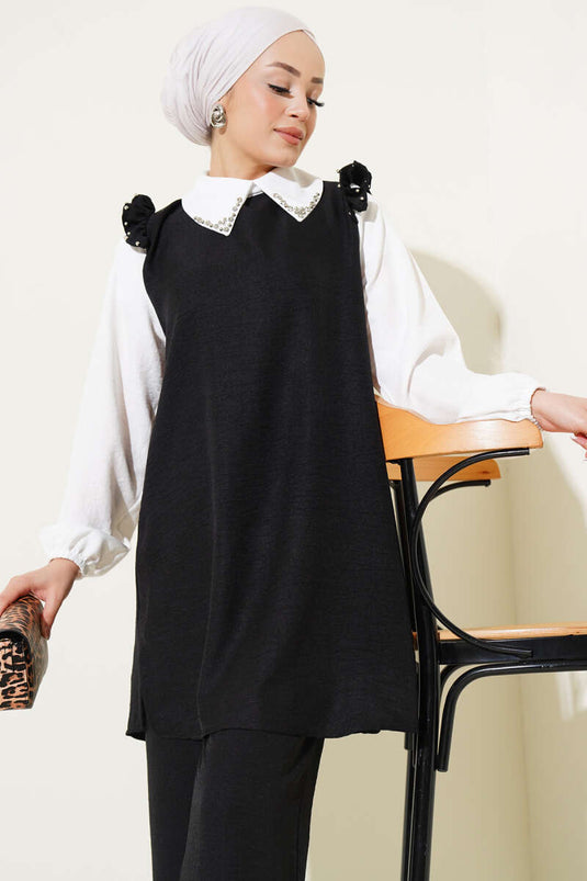 Stone Collar Shirt Garnished Two Piece Suit Black