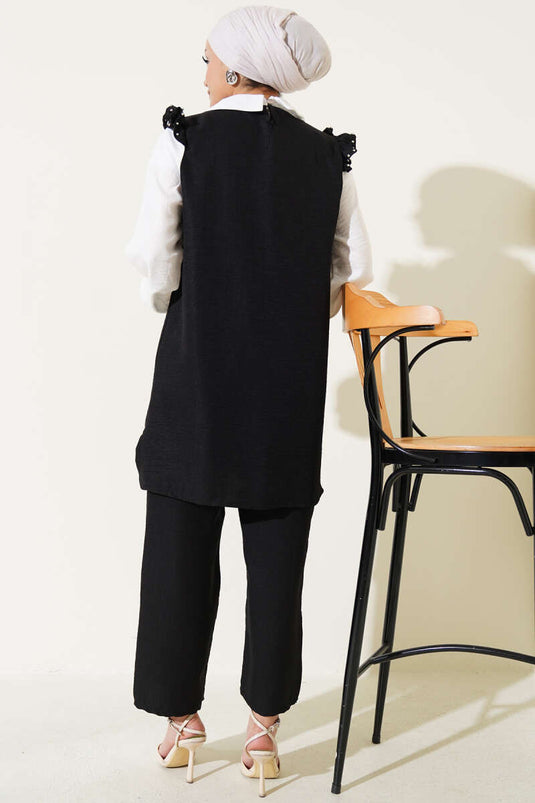 Stone Collar Shirt Garnished Two Piece Suit Black