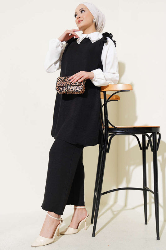 Stone Collar Shirt Garnished Two Piece Suit Black