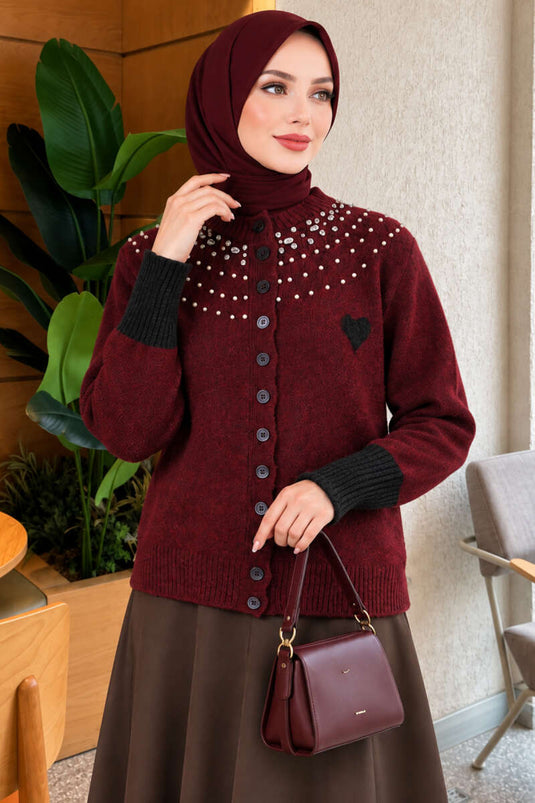Cardigan In Maglia Bordeaux Con Cuori E Perline