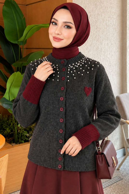 Gilet En Maille À Col Montant Orné De Cœurs Et De Pierres, Couleur Fumé