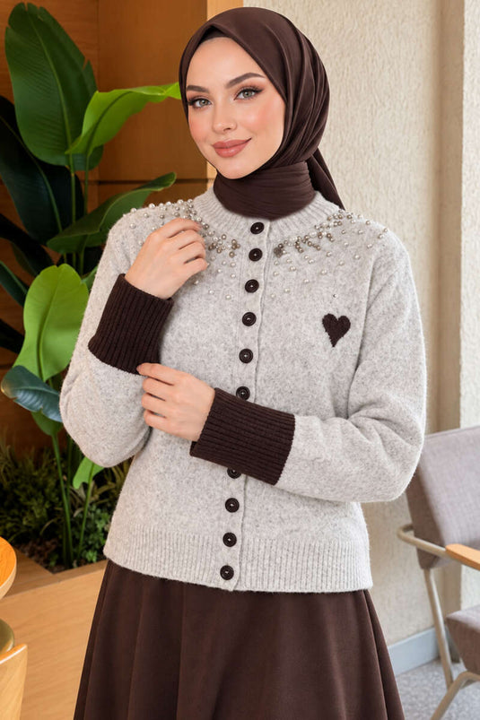 Grey Embellished Heart Pattern Knit Cardigan