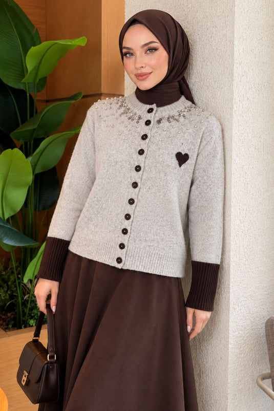 Grey Embellished Heart Pattern Knit Cardigan