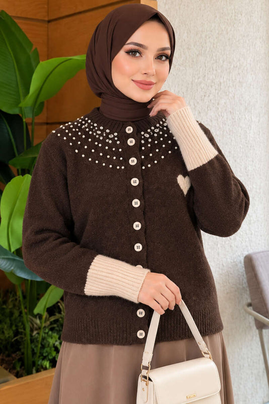 Brown Embellished Heart Pattern Knit Cardigan