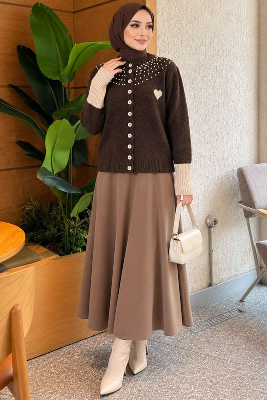 Brown Embellished Heart Pattern Knit Cardigan