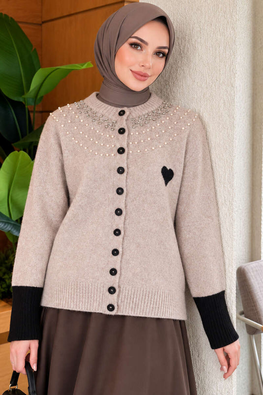 Cardigan In Maglia Con Cuori Decorati E Collo Alto Con Pietre