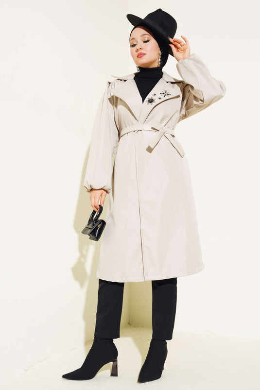 Trenchcoat mit Steinkragen und Gürtel in Beige