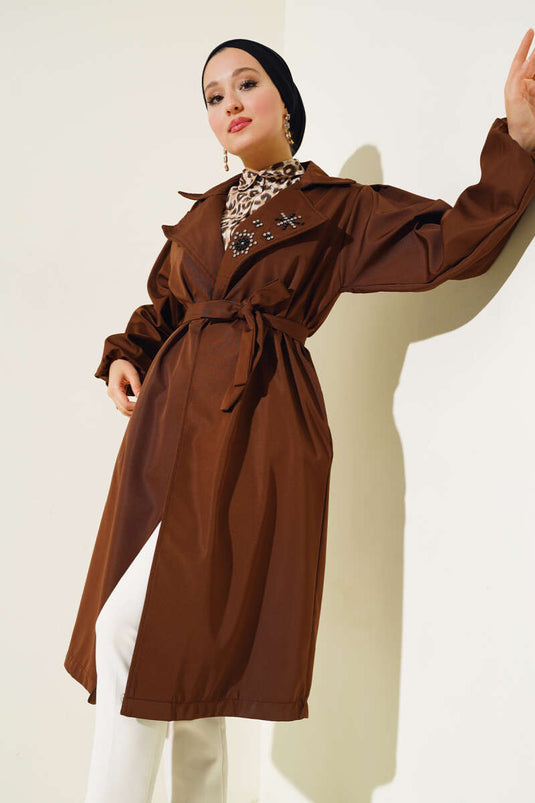 Stone Collar Belted Trench Coat Brown