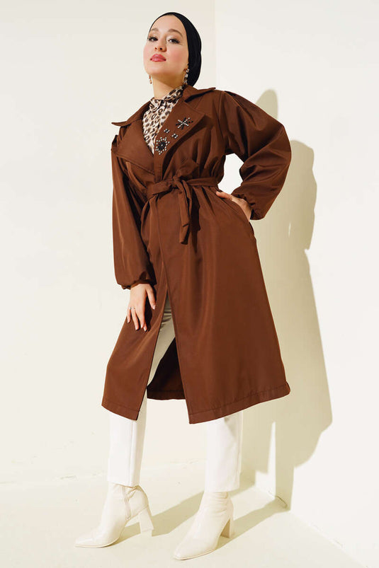 Stone Collar Belted Trench Coat Brown