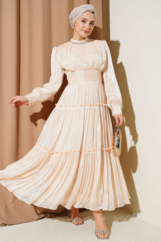 Beige Pleated Evening Dress with Neckline Stones