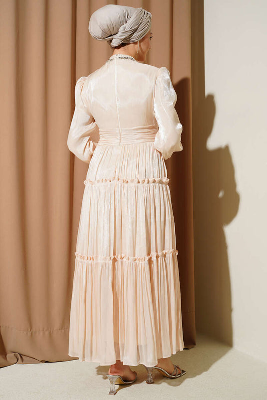 Beige Pleated Evening Dress with Neckline Stones