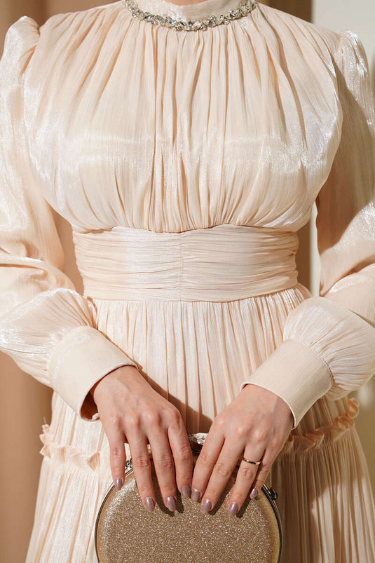 Beige Pleated Evening Dress with Neckline Stones