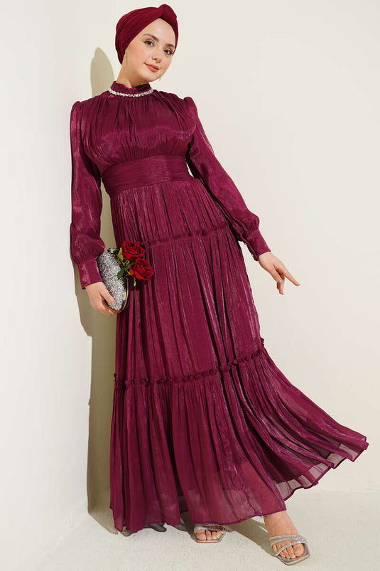 Burgundy Pleated Evening Dress with Neckline Stones
