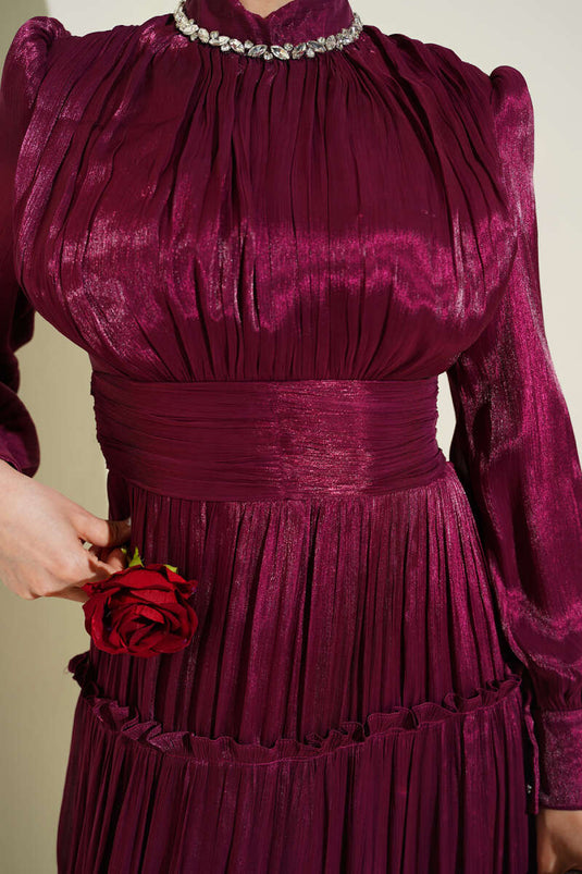 Burgundy Pleated Evening Dress with Neckline Stones