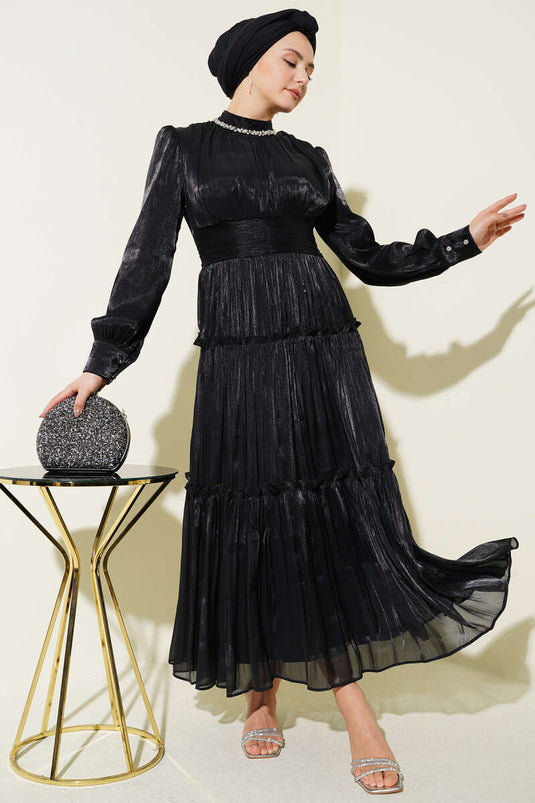 Black Pleated Evening Dress with Neckline Stones