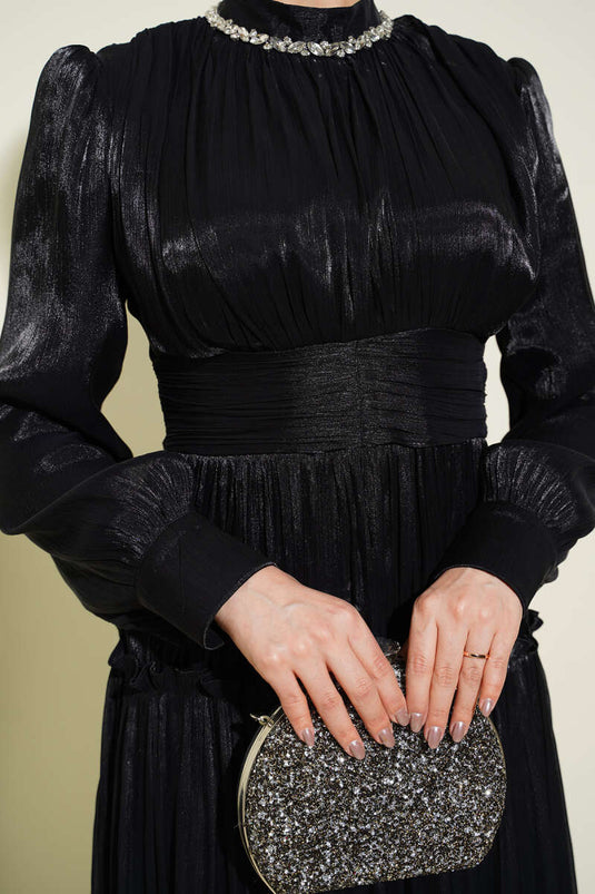 Black Pleated Evening Dress with Neckline Stones