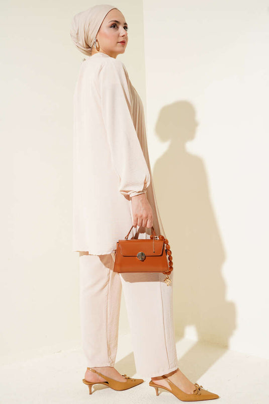 Yaka Taşlı Pileli Tunik İkili Takım Bej