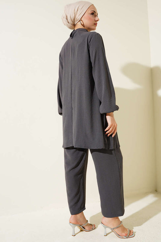 Kraag Steen Geplooide Tuniek Tweedelig Pak Rook