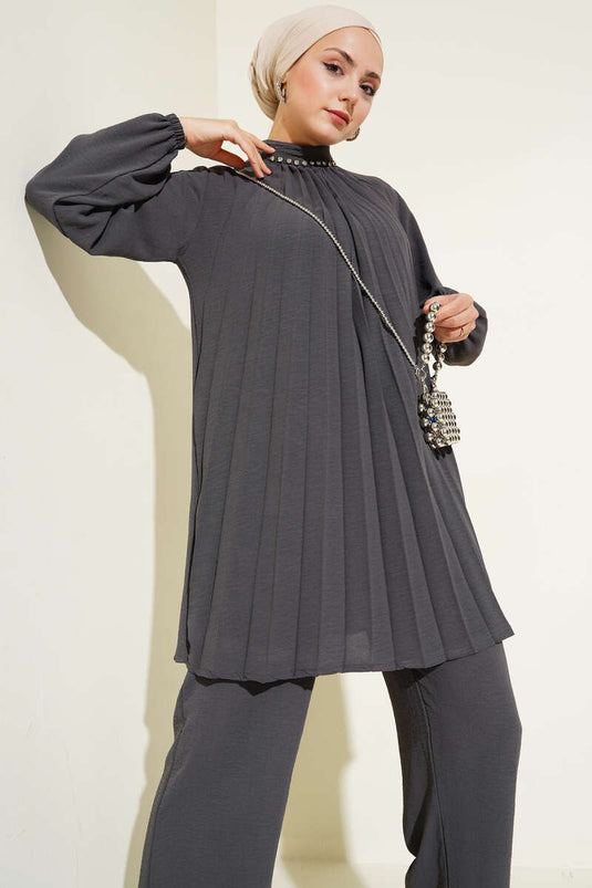 Kraag Steen Geplooide Tuniek Tweedelig Pak Rook