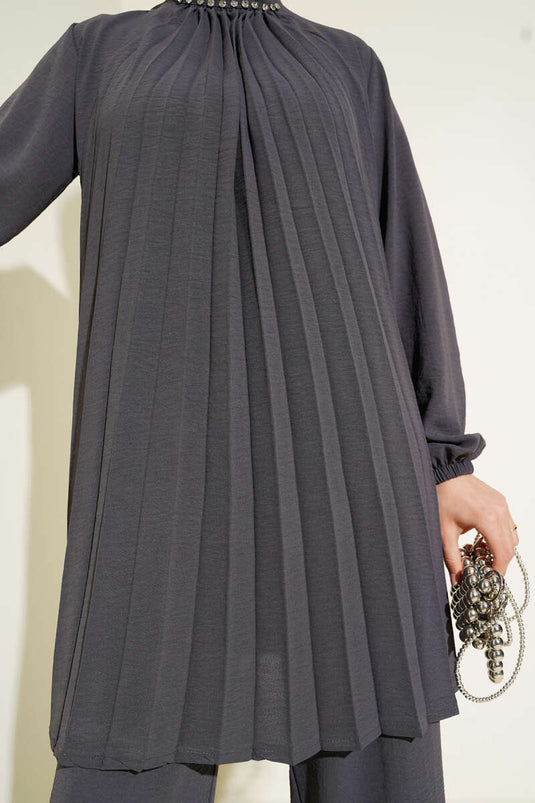 Kraag Steen Geplooide Tuniek Tweedelig Pak Rook