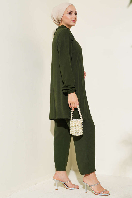 Stone Collar Pleated Tunic Two Piece Set Khaki