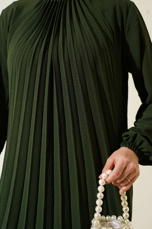 Stone Collar Pleated Tunic Two Piece Set Khaki