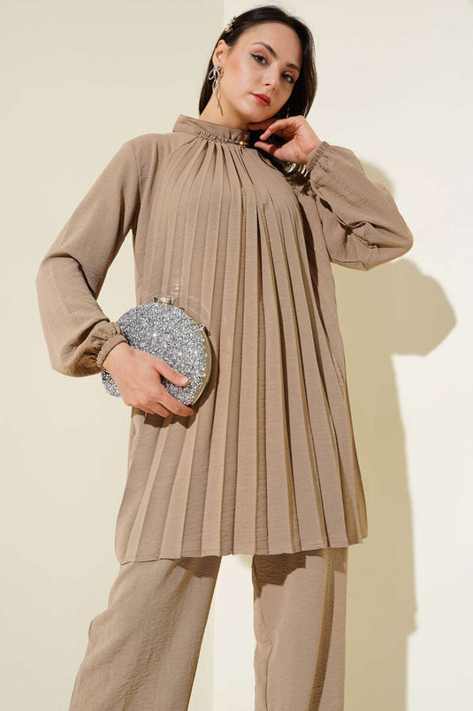 Collar Stone Plissee Tunika Zweiteiler Latte