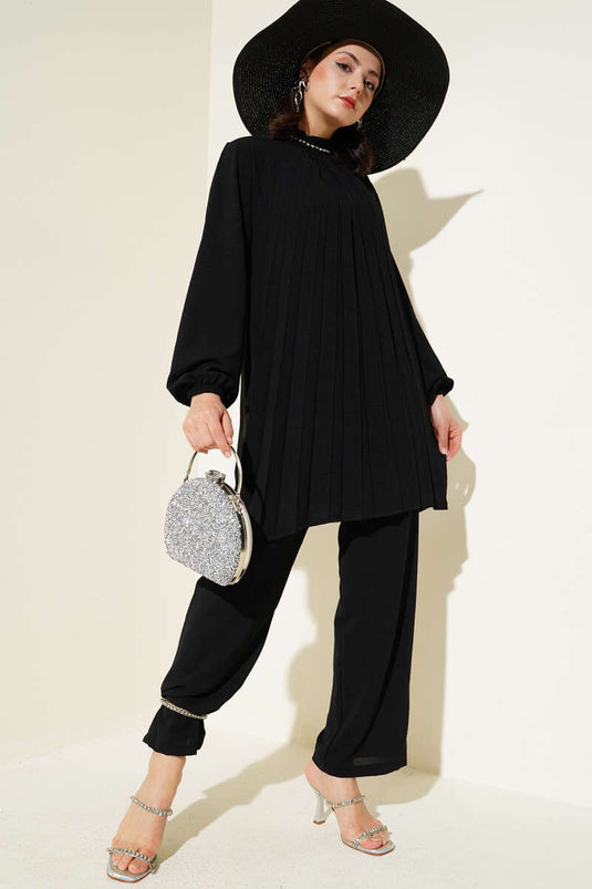 Yaka Taşlı Pileli Tunik İkili Takım Siyah