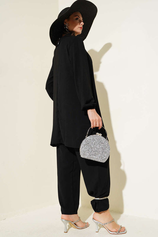 Yaka Taşlı Pileli Tunik İkili Takım Siyah