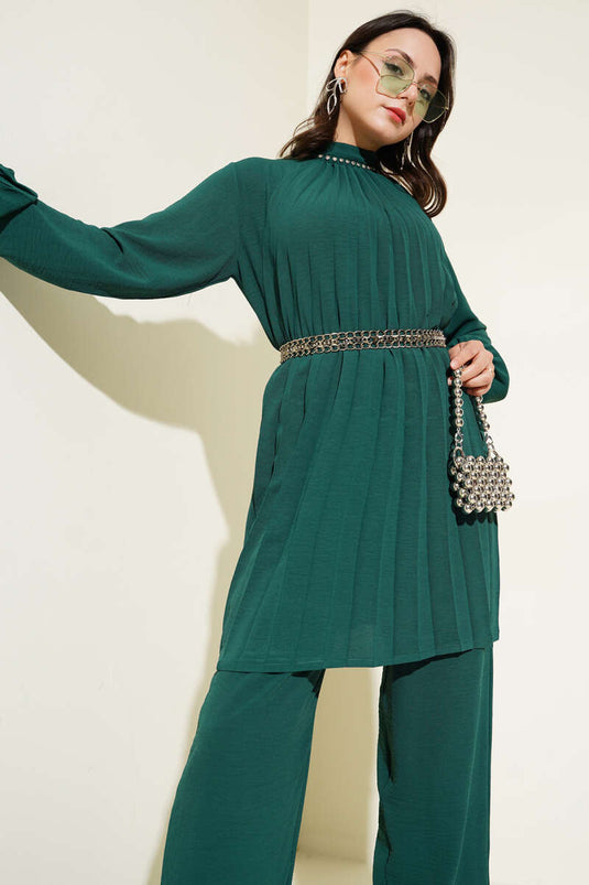 Ensemble deux pièces tunique plissée à col en pierre vert émeraude
