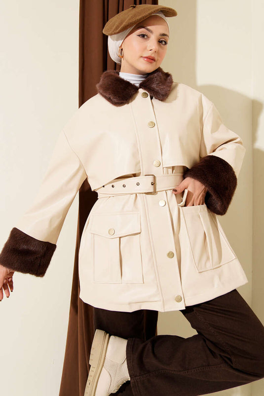 Yaka ve Bilek Kürklü Deri Ceket Bej