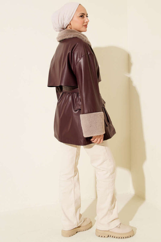 Yaka ve Bilek Kürklü Deri Ceket Bordo