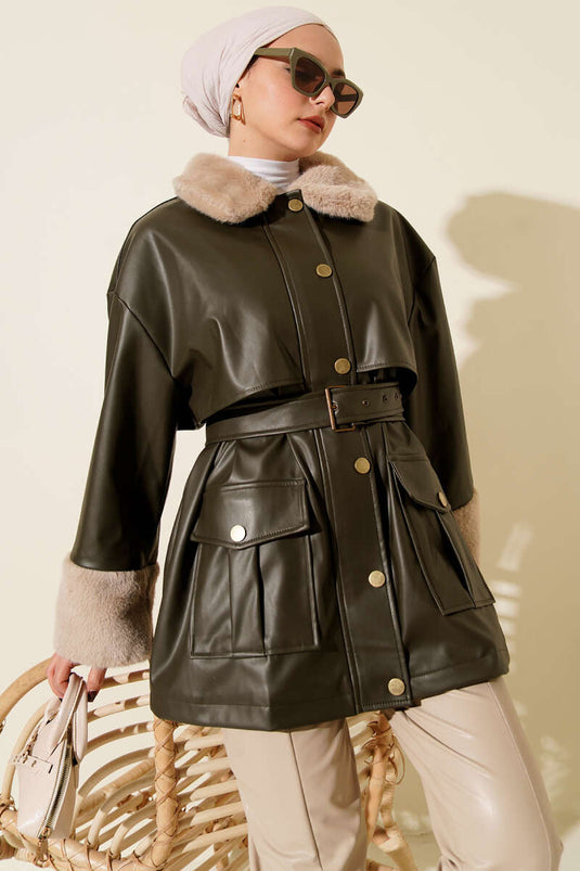 Yaka ve Bilek Kürklü Deri Ceket Haki
