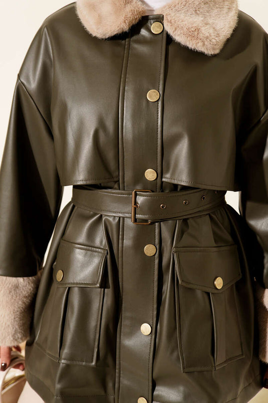 Yaka ve Bilek Kürklü Deri Ceket Haki