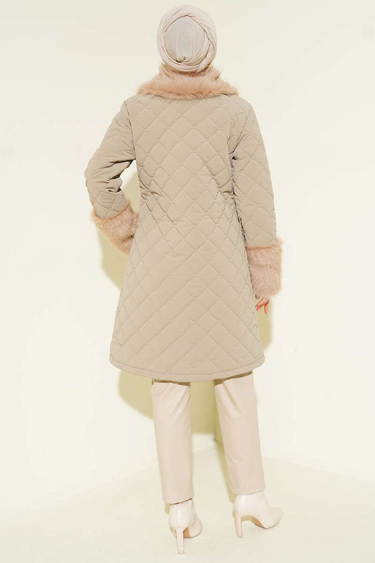 Quilted Coat with Fur Collar and Cuffs, Beige