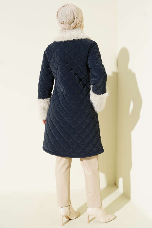Quilted Coat with Fur Collar and Cuffs, Navy Blue