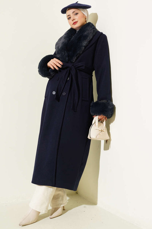 Navy Cashmere Coat with Fur Collar and Cuffs