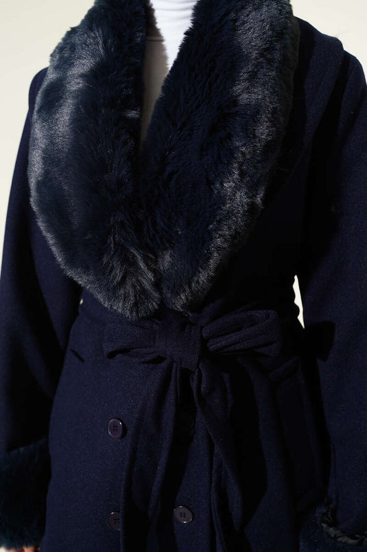Navy Cashmere Coat with Fur Collar and Cuffs