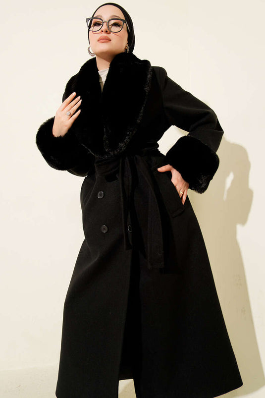 Fur Collar and Wrist Fleece Cashmere Coat Black