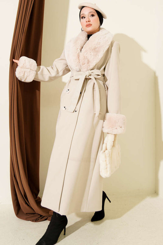 Fur Collar and Wrist Furry Cashmere Coat Stone