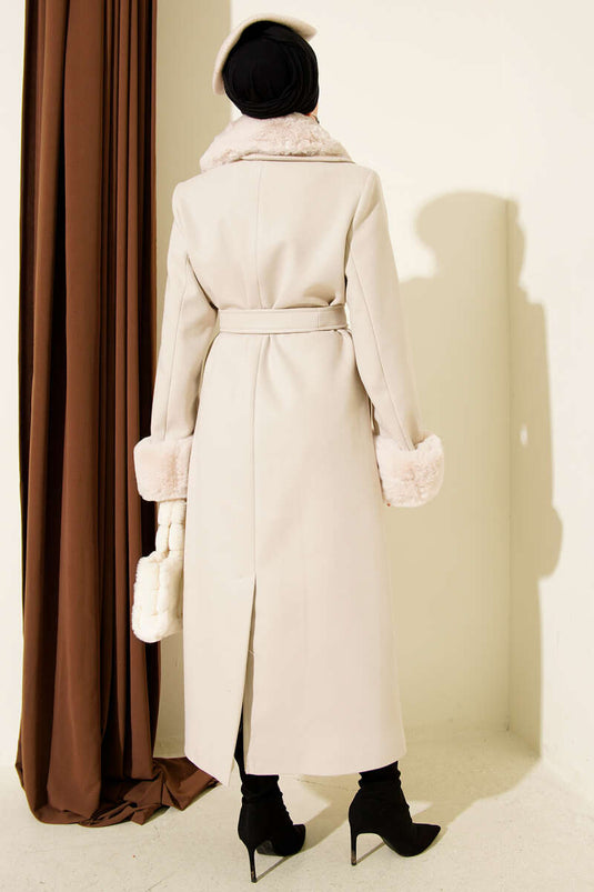 Fur Collar and Wrist Furry Cashmere Coat Stone