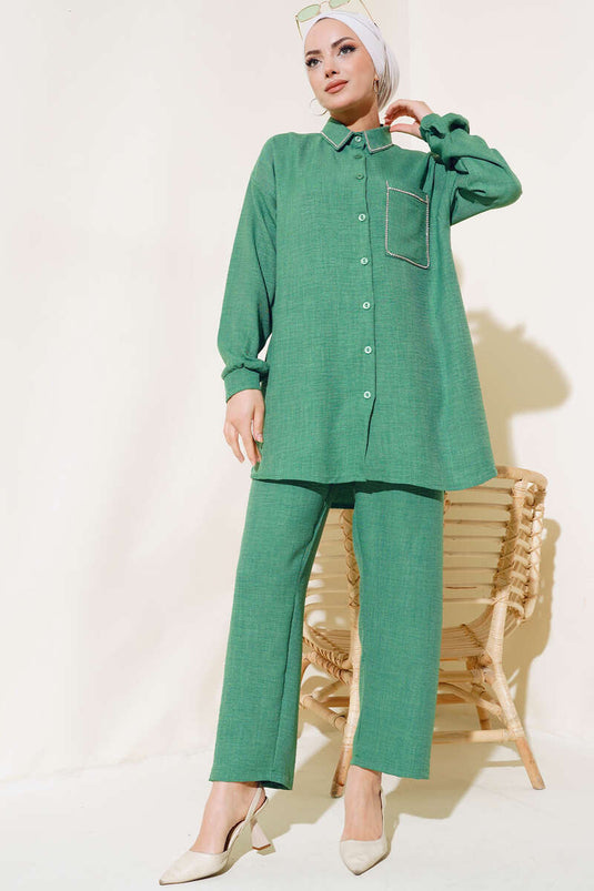 Costume En Lin Pierre Col Et Poche Vert