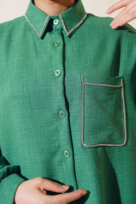 Costume En Lin Pierre Col Et Poche Vert