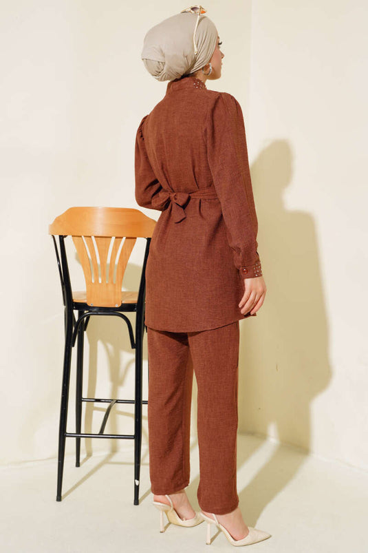 Costume Double En Lin Détail Pierre Col Et Manchette Marron